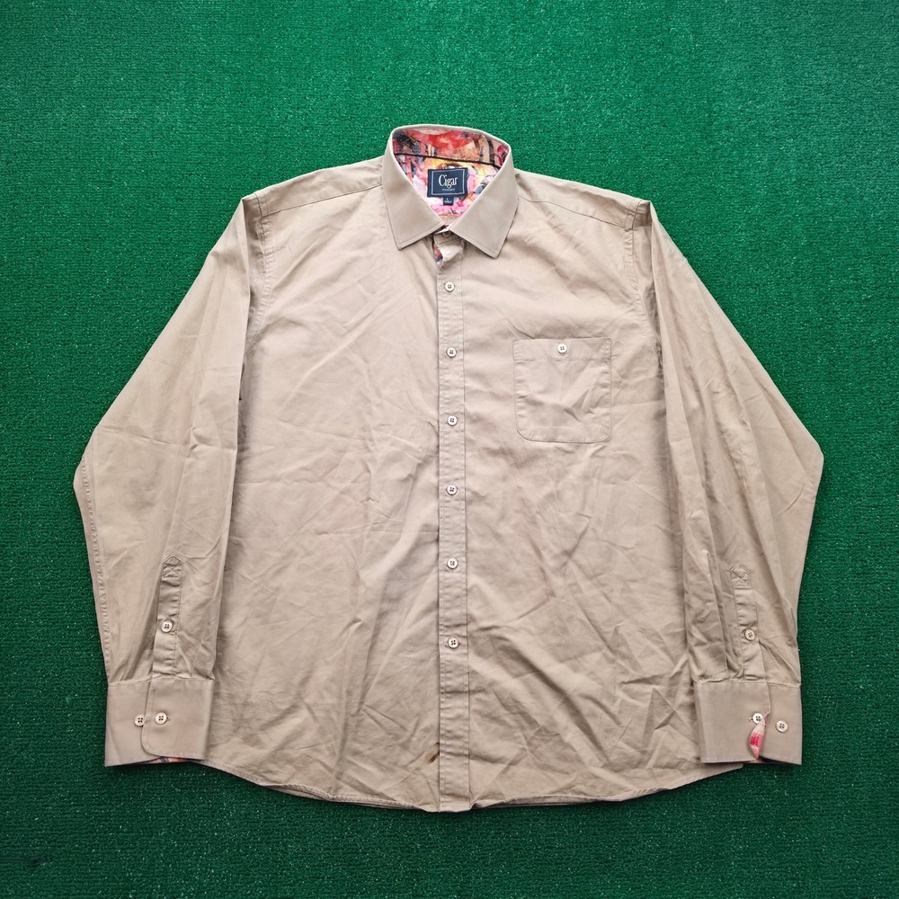 Cigar Couture Dress Shirt Mens Large Tan Button Up Contrast Trim Long Sleeve